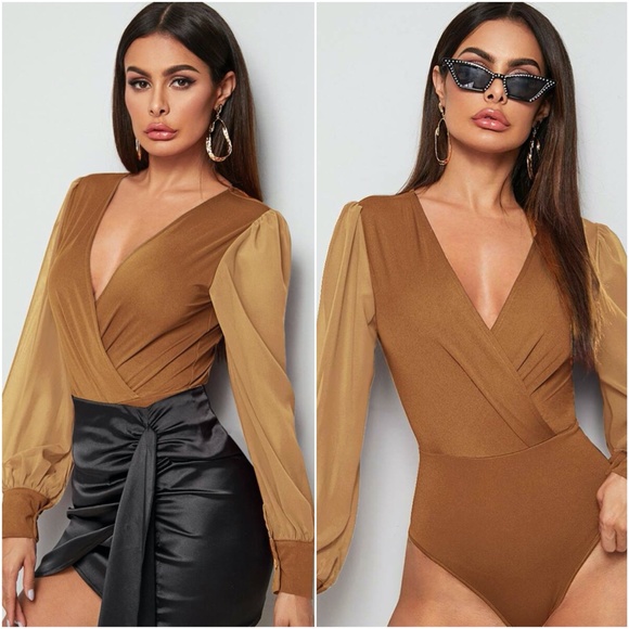 burgundy vneck overlap wide sleeve bodysuit - Picture 3 of 11